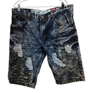 M890)Switch Premium Denim Dark Acid Distressed Shorts Size 38